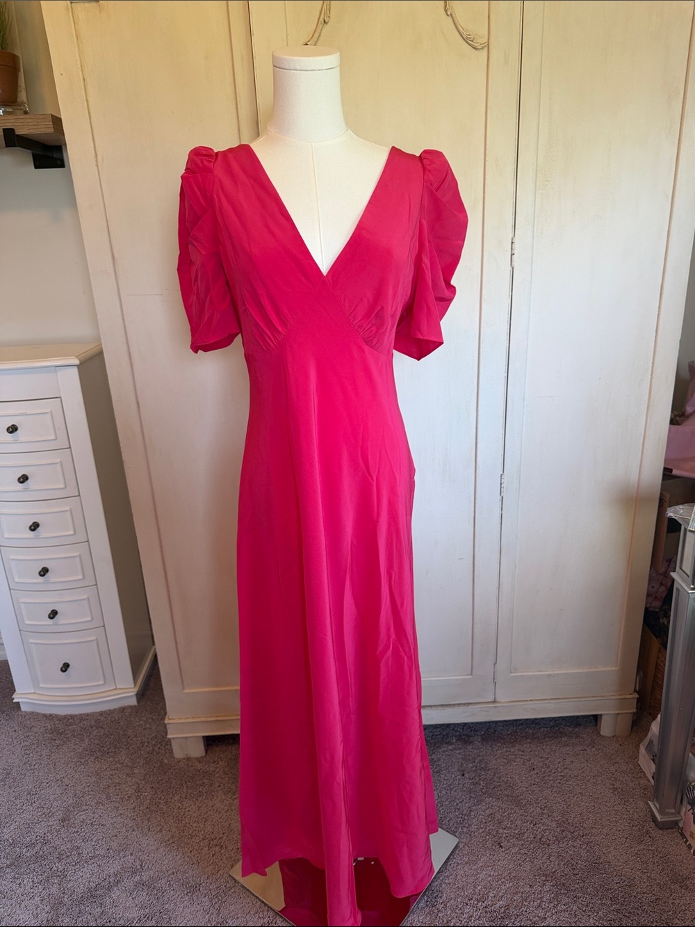 Banana Republic Hot Pink Silk V-Neck Puff Sleeve Maxi Dress